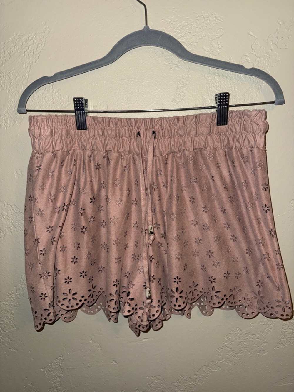 Primark Dusty Rose High Rise Eyelet Faux Suede Mini Shorts‎ Pull On Drawstring 8